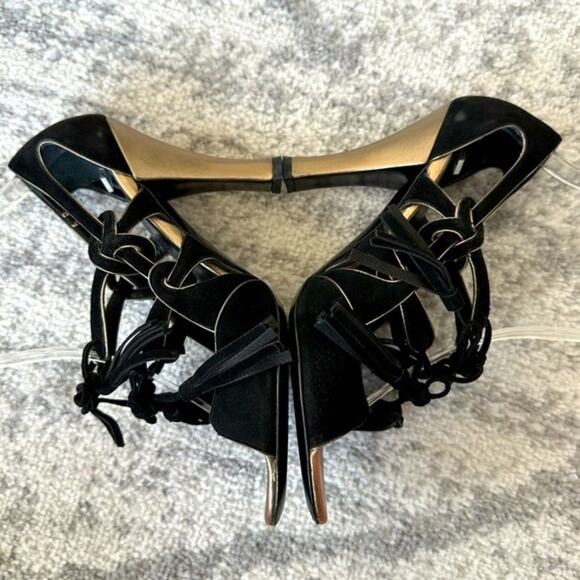 CHANEL Black Suede Tassel Lace Open Toe Heel Sandal IT 36 - Picture 9 of 14